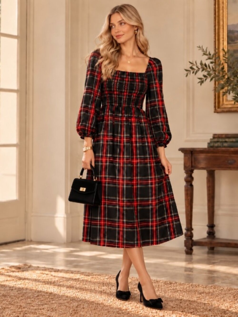 J. Crew black tartan plaid midi dress Size xs romantic feminine festive